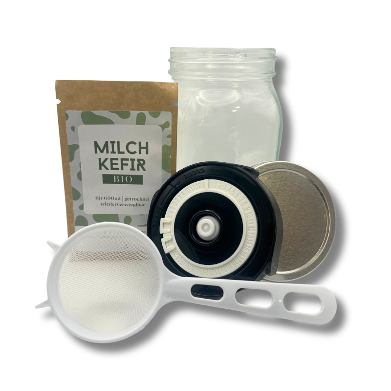 Milchkefir Starter Set – mit Glas, Fermentationsdeckel & feinem Sieb